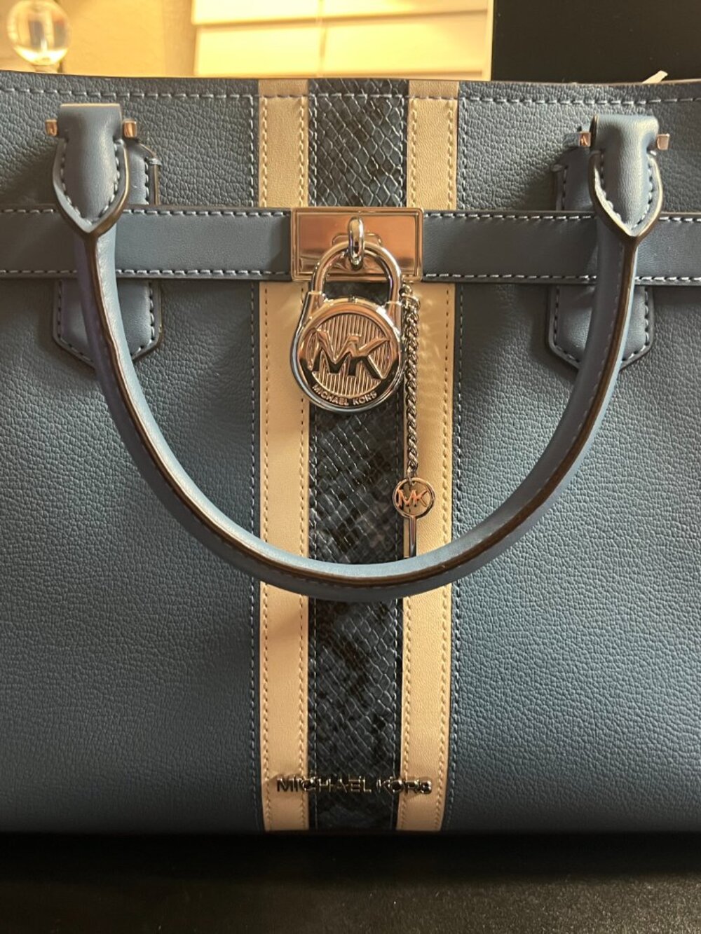 Michael Kors Cornflower Hamilton Medium Leather & Snake Embossed Stripe Satchel - Picture 2 of 7